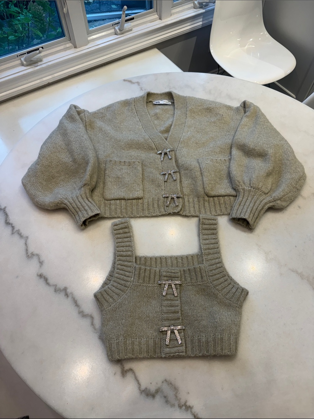 Zara Beige Cropped Cardigan and Knit Tank Set with  Crystal Bow Details